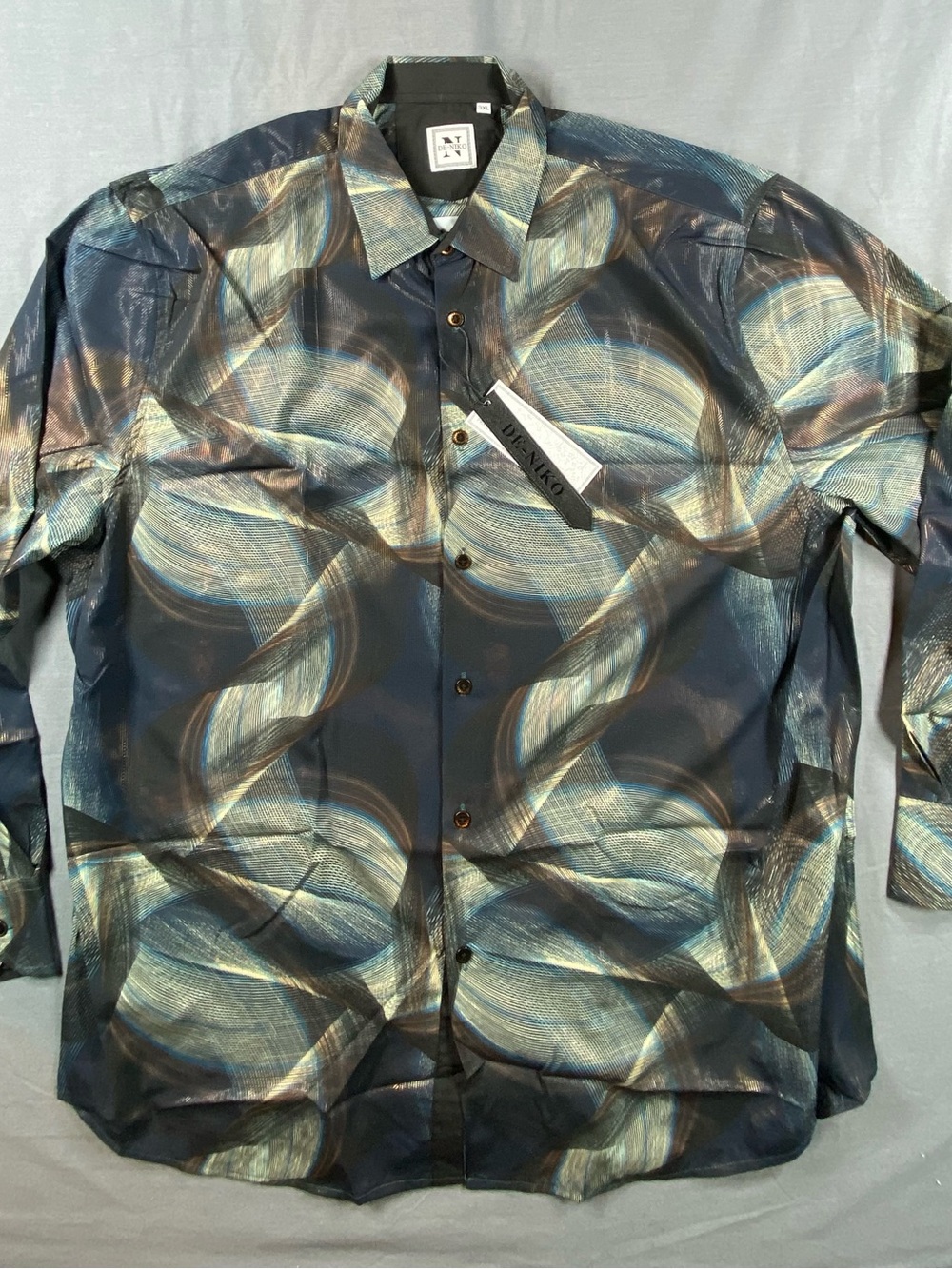 De - Niko Men's Dark Navy Abstract Wave Print Button-Up Shirt by